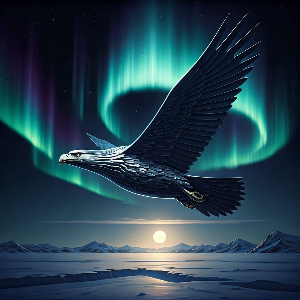 Chrome Eagle Soaring Under Aurora Borealis