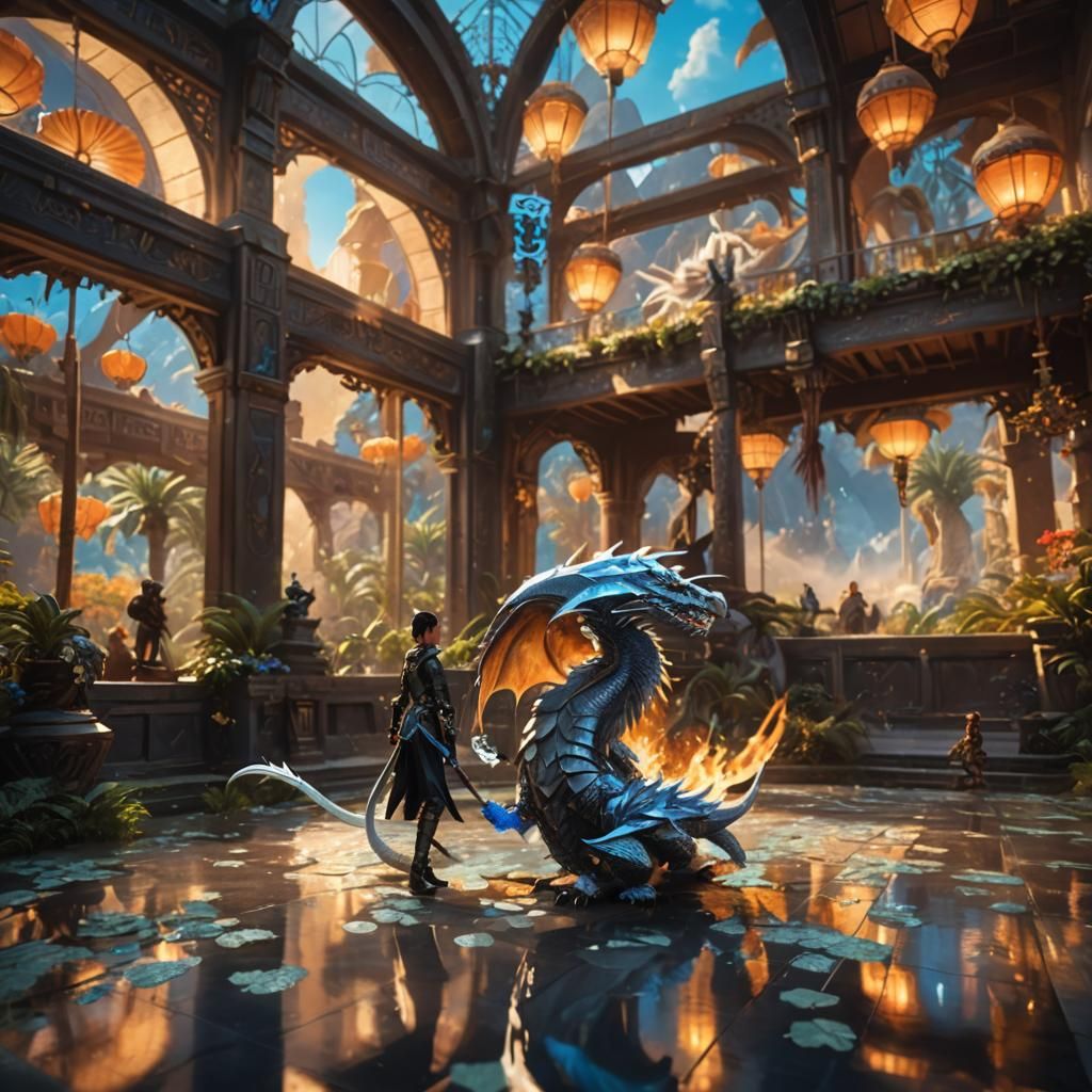 Woman Rides White Dragon in Fantasy Landscape