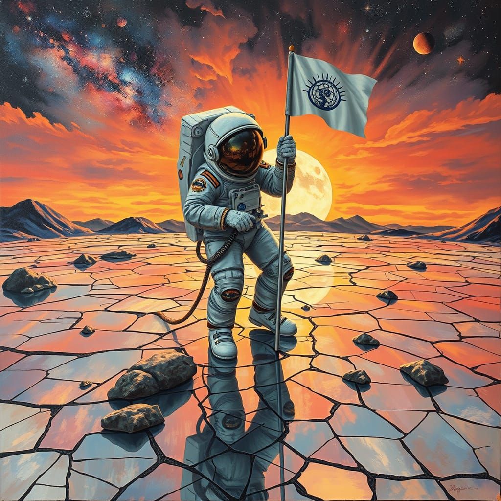 Astronaut Plants Flag on Surreal Mirror Planet in Cosmic Sun...
