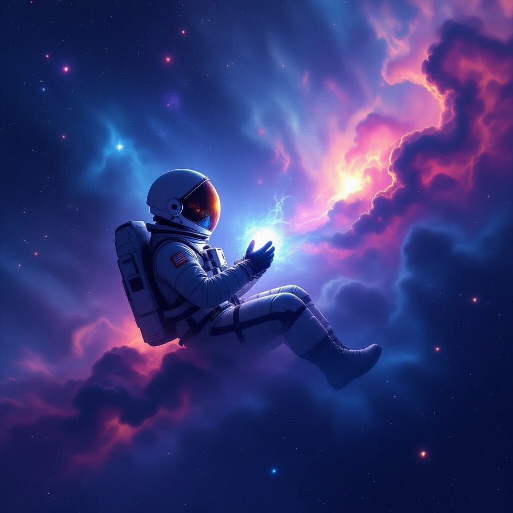 Astronaut Adrift in Cosmic Nebula with Glowing Artifact