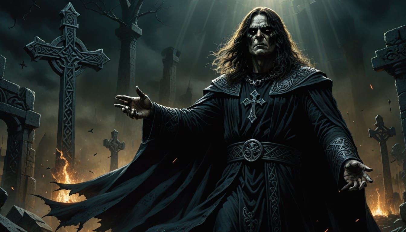 Ominous Dark Fantasy Figure Points as Ozzy Turns Back