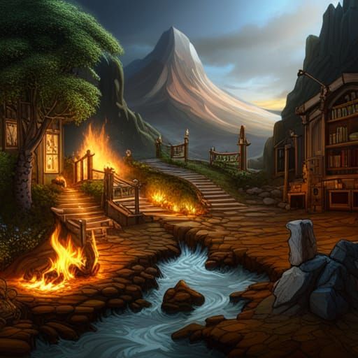 Fantastical Gathering Around Fire, Detailed Matte Painting