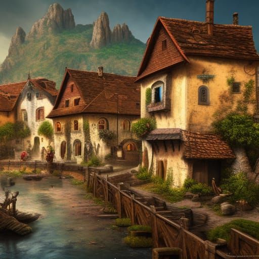 Lively Medieval Village: Detailed Matte Painting
