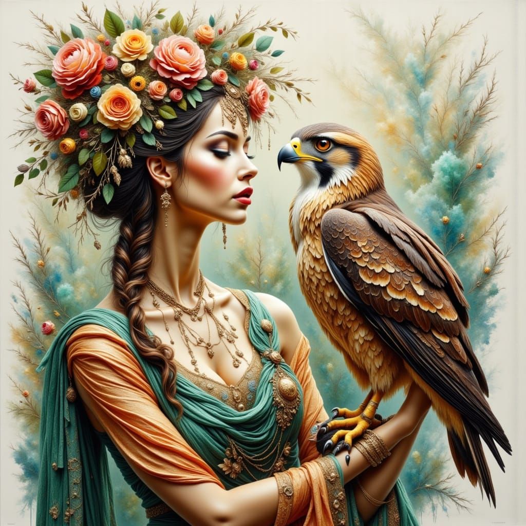 Druid Priestess with Falcon: Hyperrealistic Impasto Painting