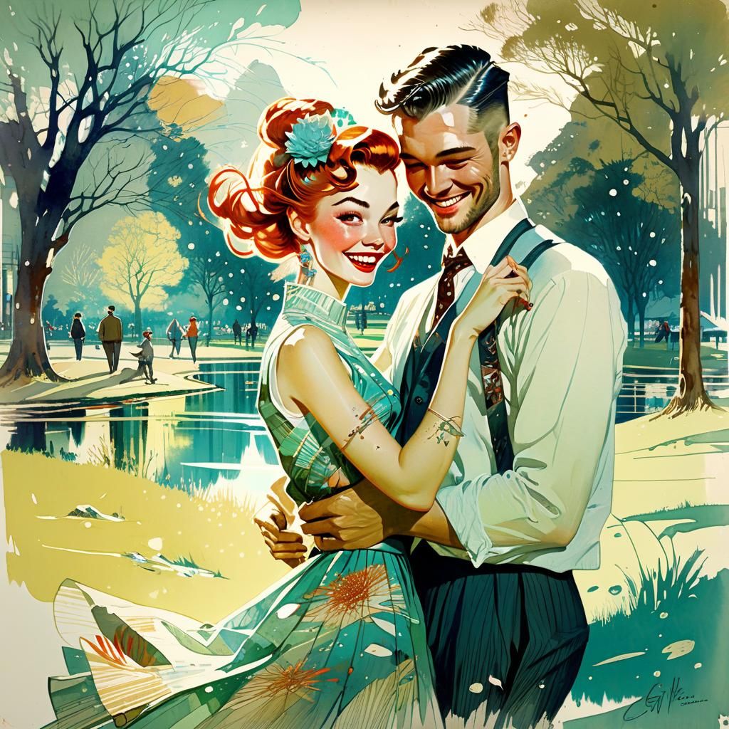 Smiling Couple in Park, Stylized Watercolor Art