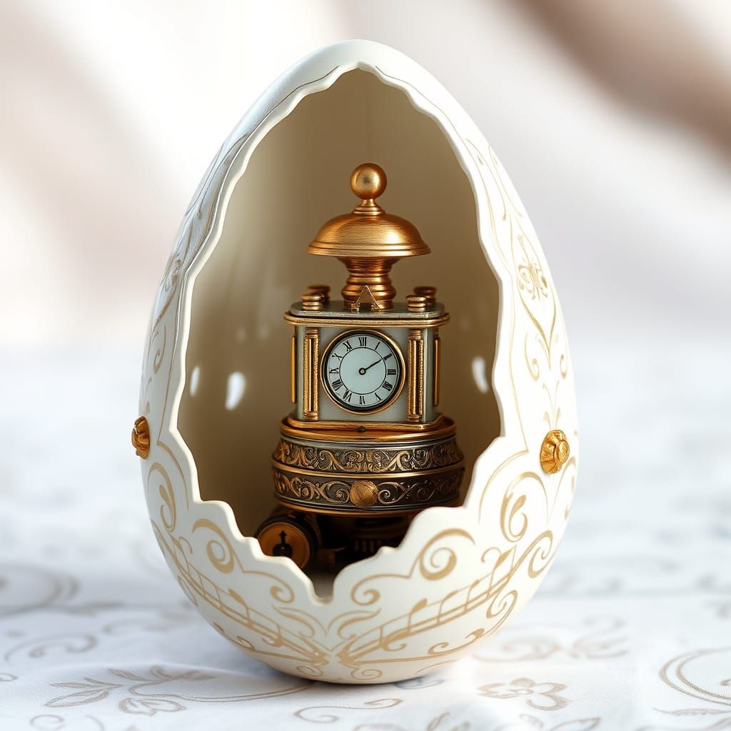 Elegant Vintage Music Box Inside a Delicate White Egg