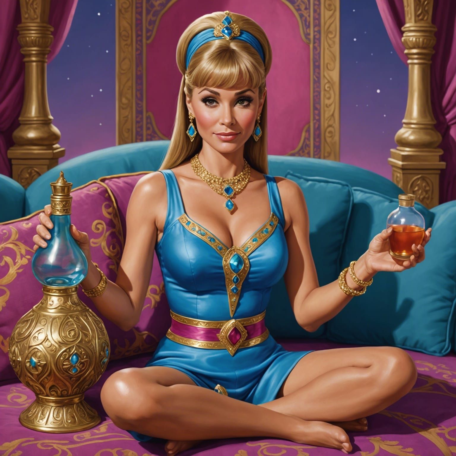 Photorealistic Portrait of Jeannie with Genie Bottle