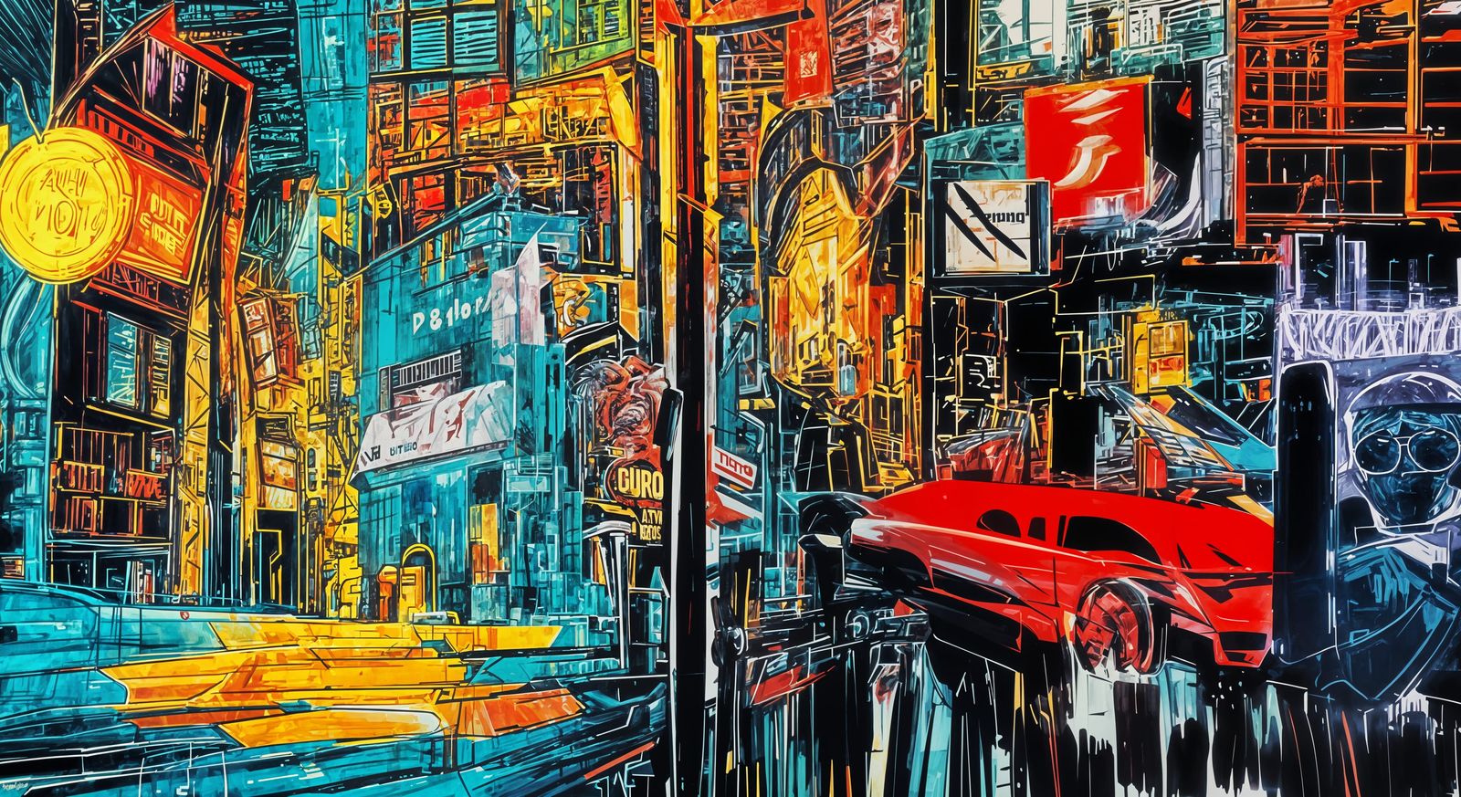 Surreal Downtown Cityscape in Comic Book Art Style