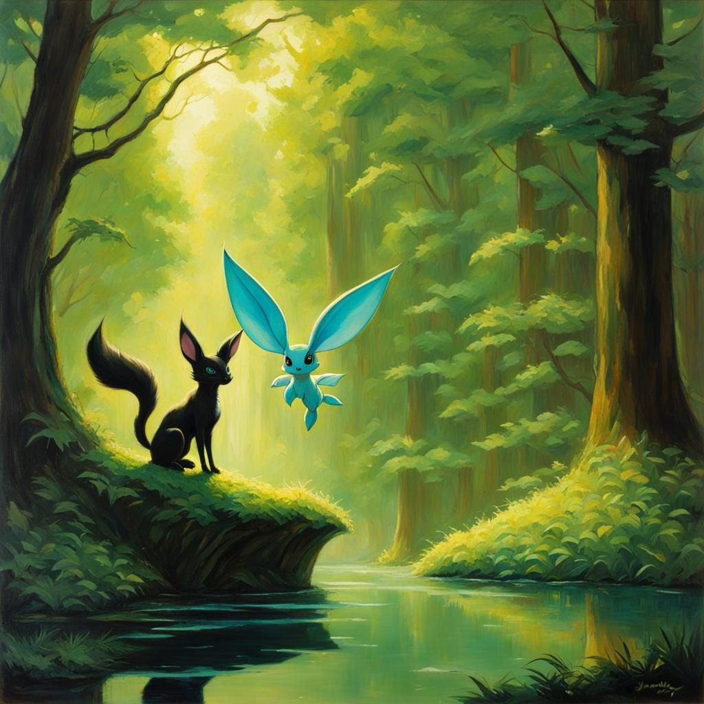 Mew and Celebi Float: An Oil Painting