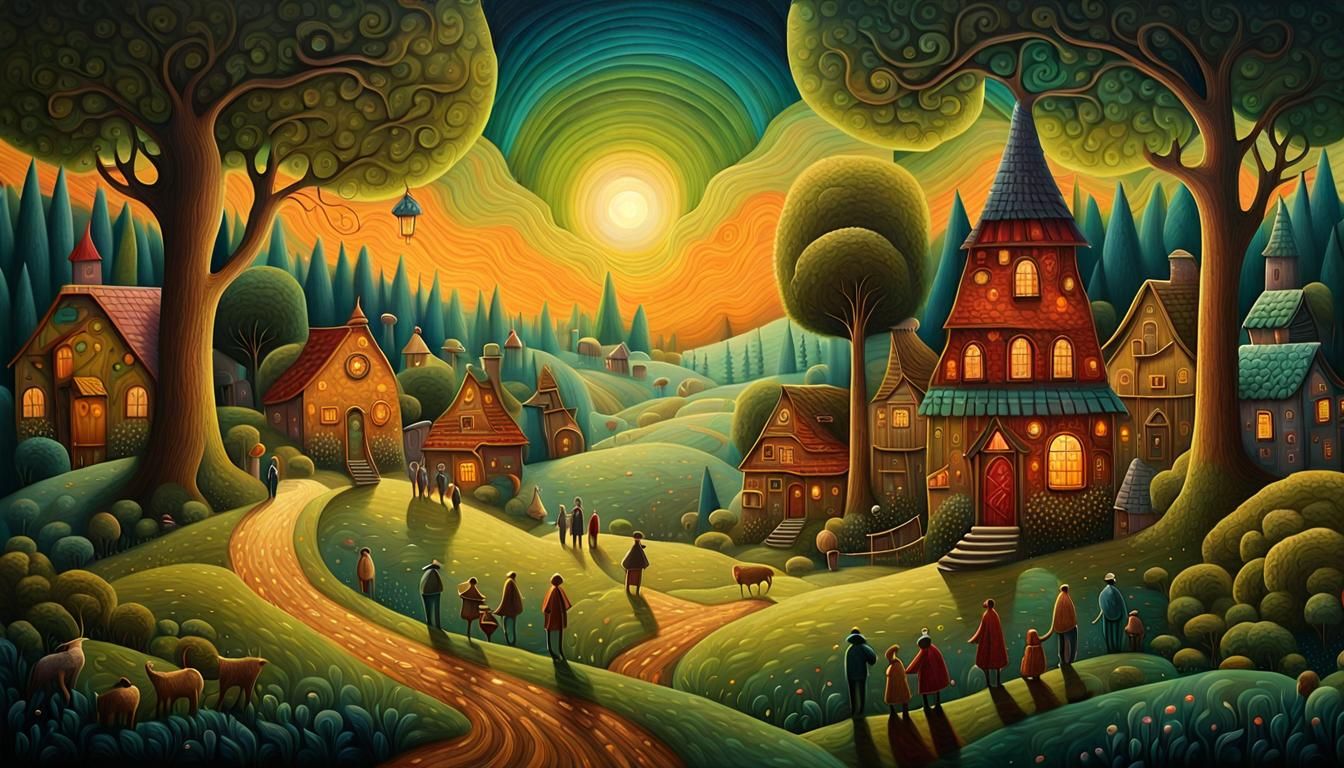Idyllic Fantasy Village Scene in Oil Painting Style