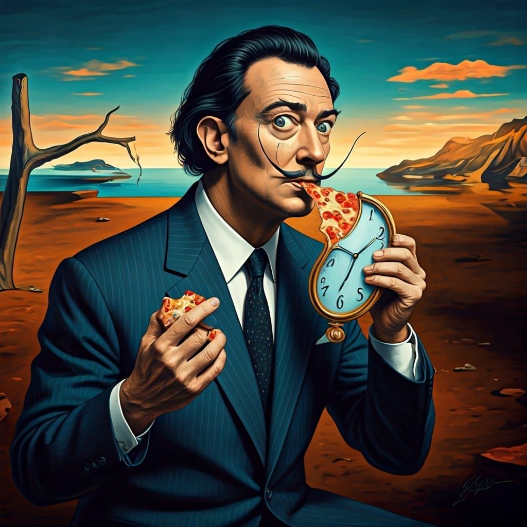 Surreal Dreamscape: Dali Bites a Melting Clock-Pizza