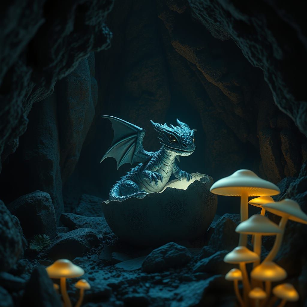 Mystical Cave: Baby Dragon Emerges in Digital Painting Style