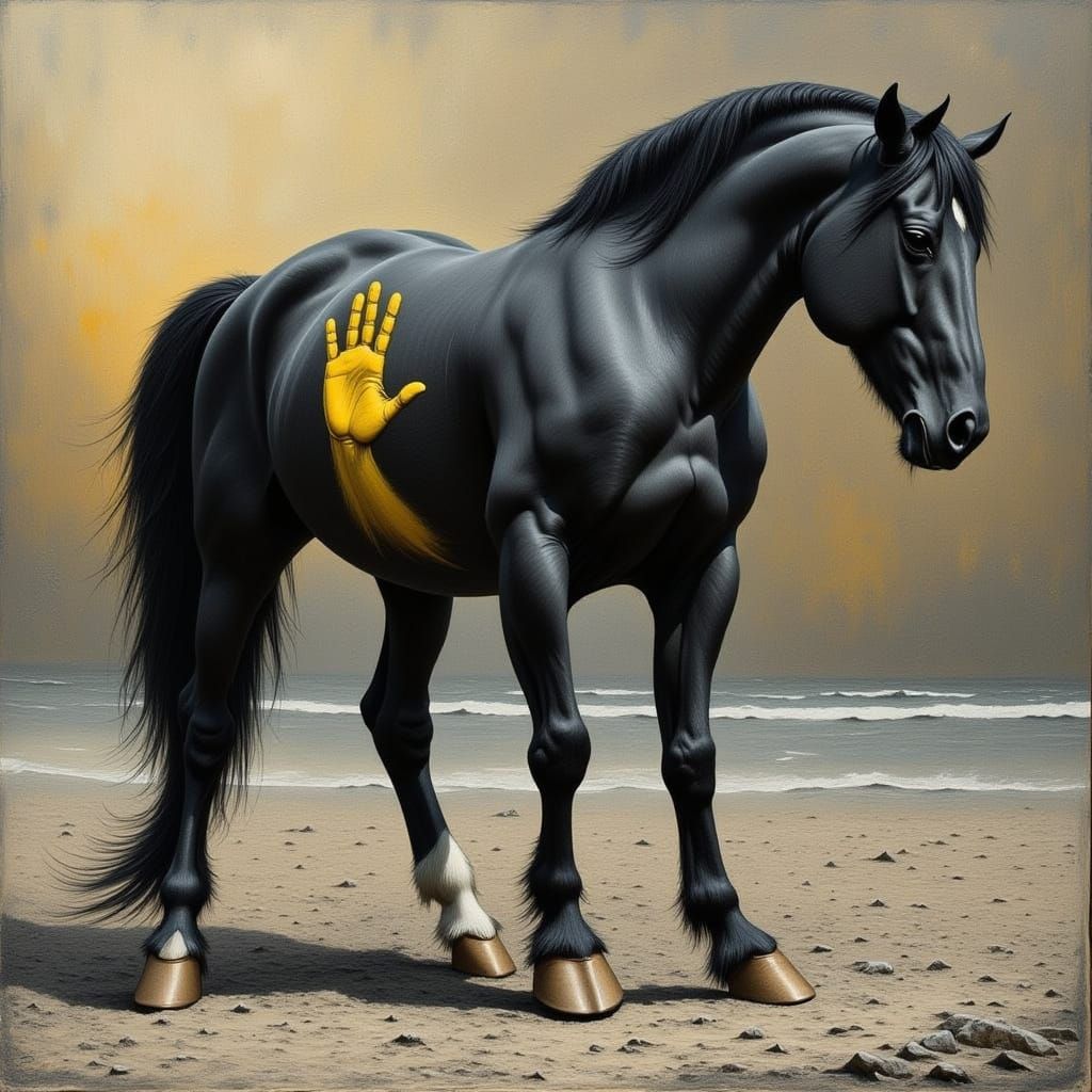Horse with Yellow Handprint in Graphite Style