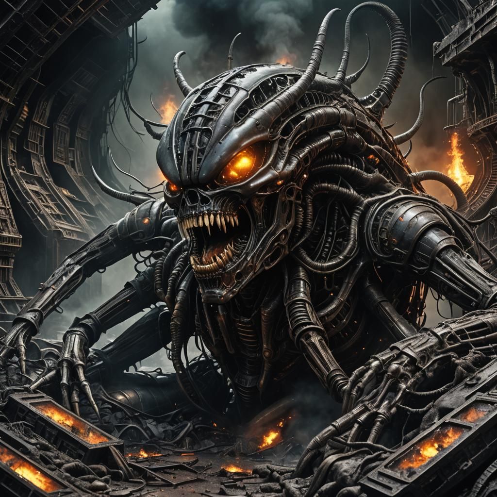 Dystopian Surrealism: Broken Spaceship in Giger Style