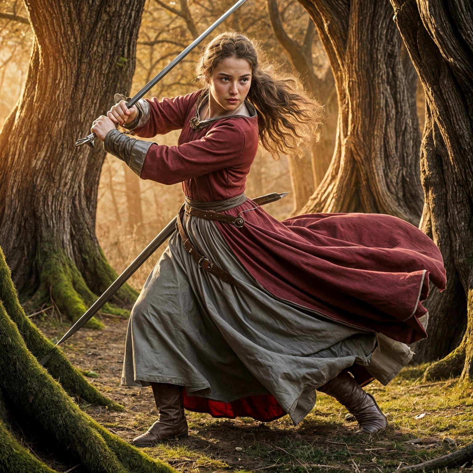 Fierce Medieval Sword Fight in Forest Sunlight