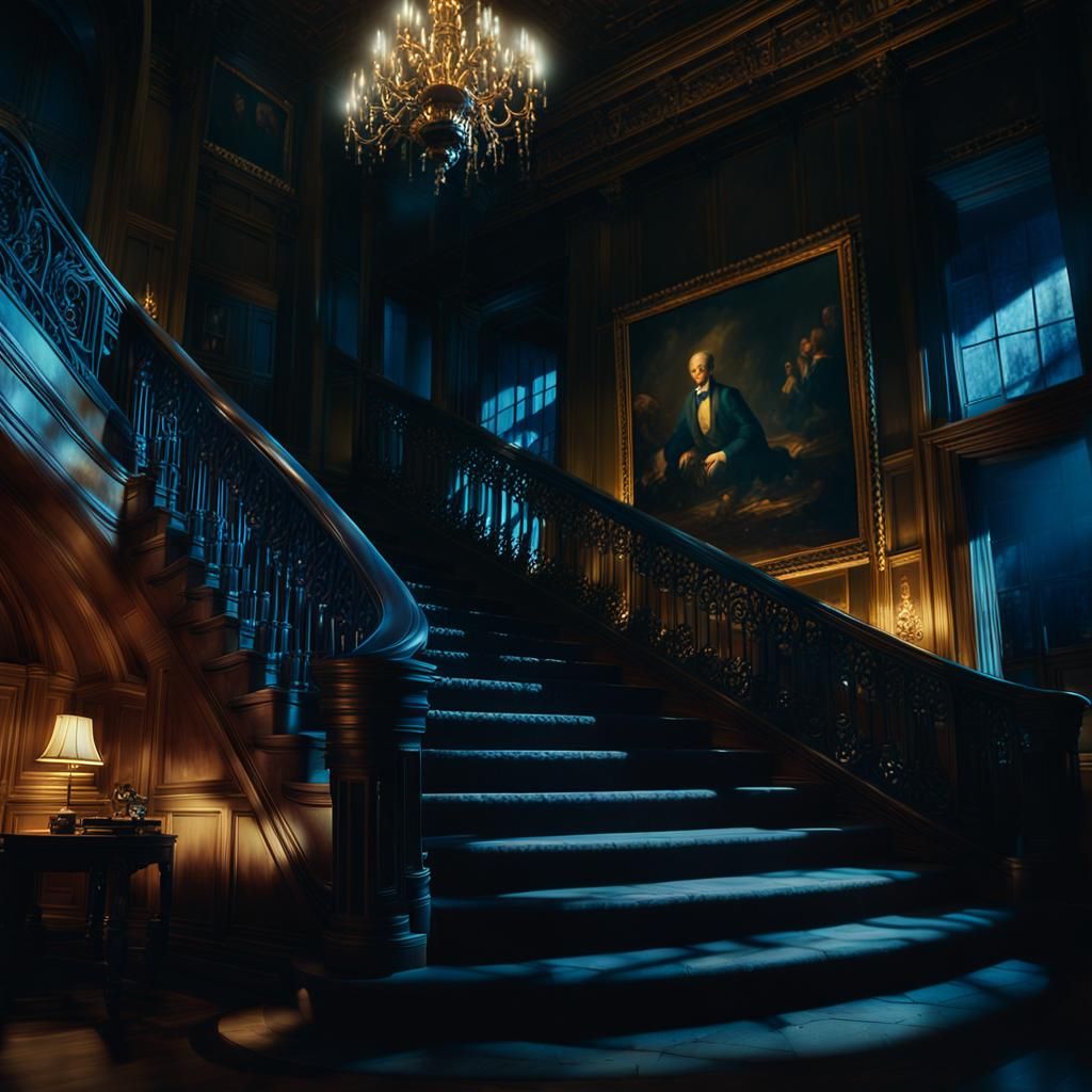 Mansion Hall Stairs at Night in Cinematic Style