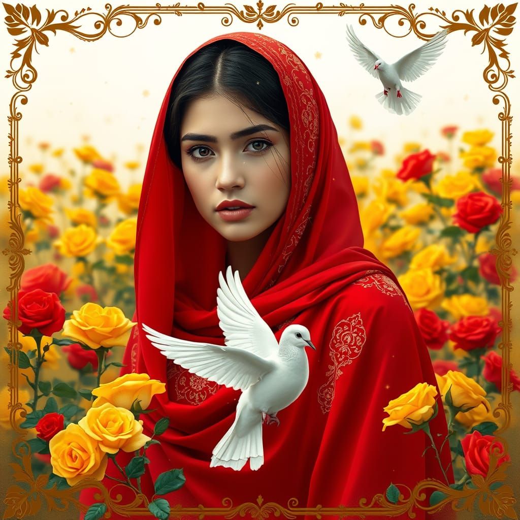 Iranian Woman in Roses, Classical Art Style