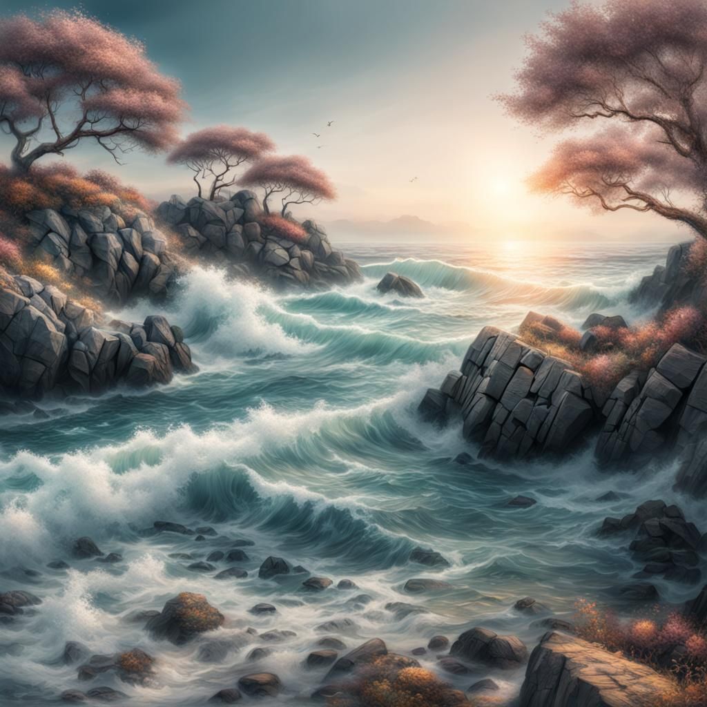 Pastel Sea Landscape in Hyperrealistic Style
