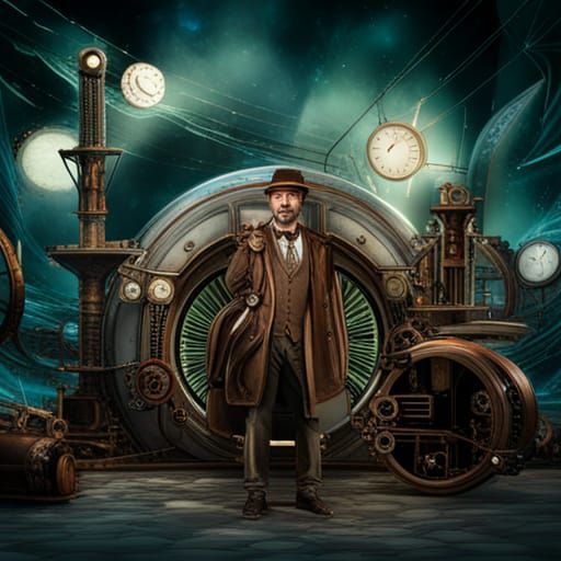 Steampunk Time Traveler with Detailed Time Machine