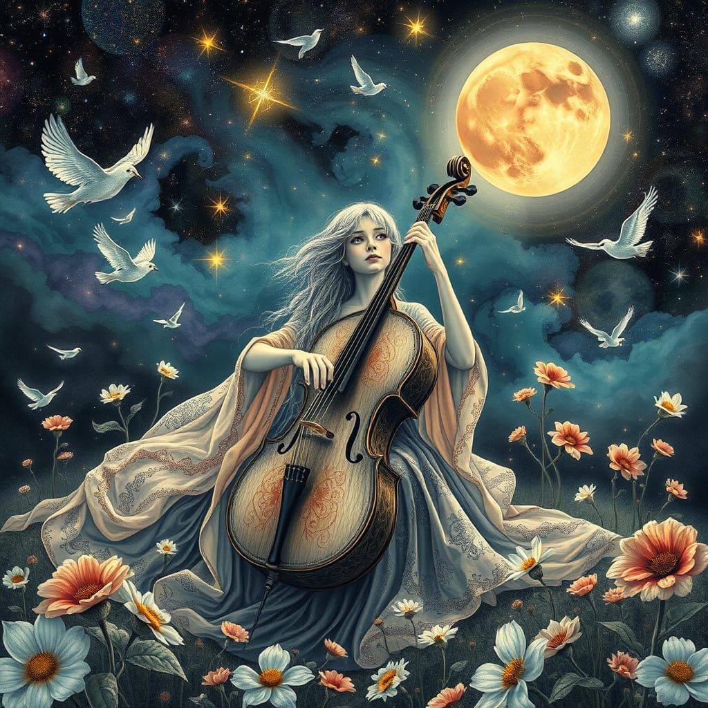Ethereal Cello Player in a Dreamlike, Fairytale Landscape