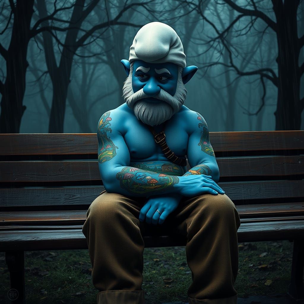 Weary Papa Smurf Tattoo Art in Rain