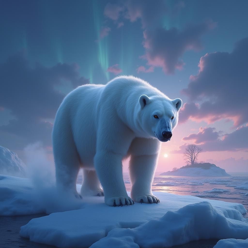 Mystical Polar Bear on Icy Shore at Twilight