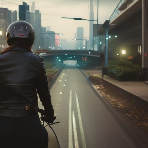 Girl on Scooter Rides City Street