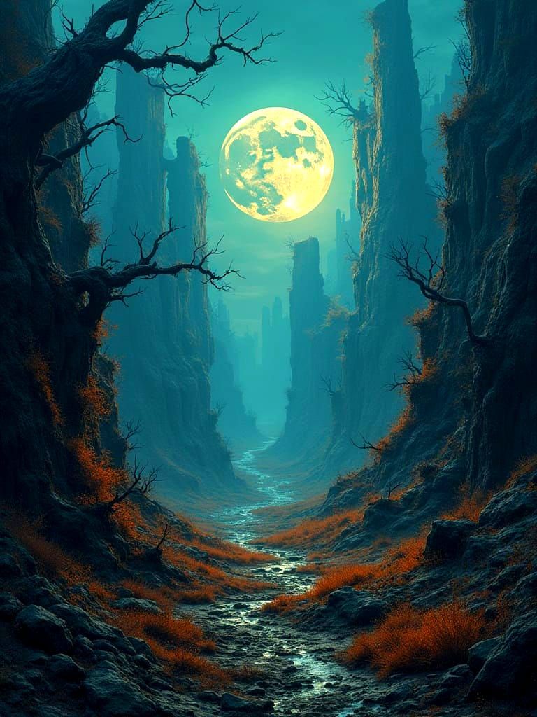 Dystopian Twilight Landscape in Bismuth Dendritic Style