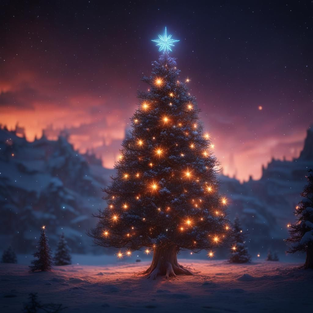 Glowing Christmas Tree in Night Sky: Fantasy Art