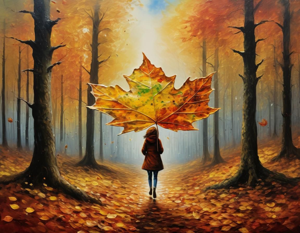Autumn Leaf Woman in Expressionistic Oil Painting