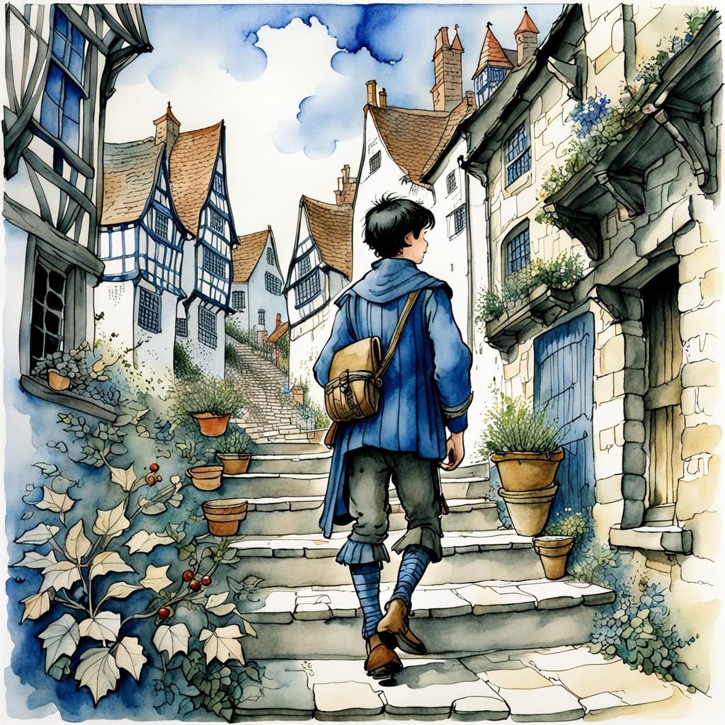 Boy on Stairs: Storybook Watercolor Illustration