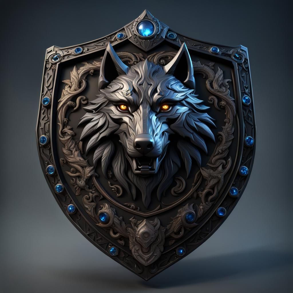 Black Shield with Wolf Emblem and Blue Gems