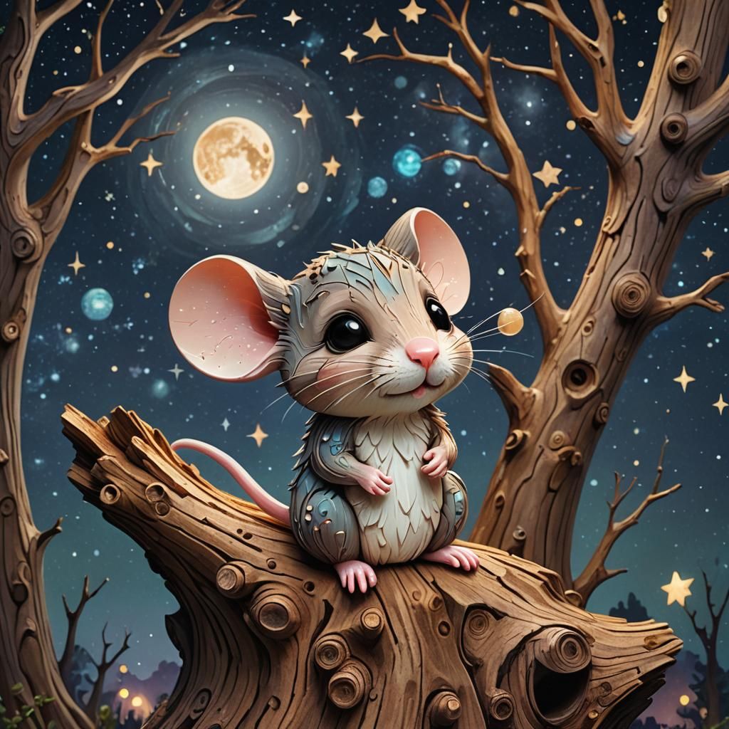 Chibi Wooden Mouse Gazing at Dreamy Night Sky