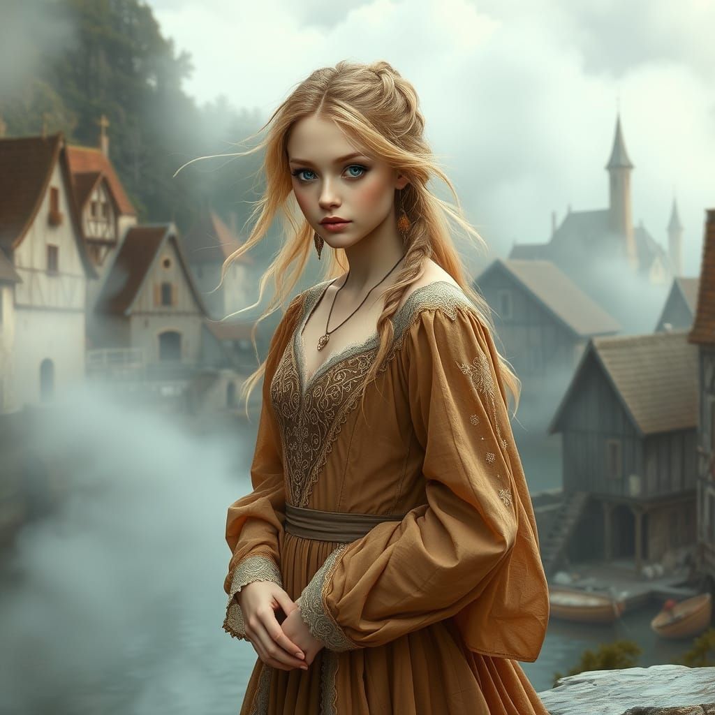 Medieval Fishing Village Maiden in Soft, Ethereal Light
