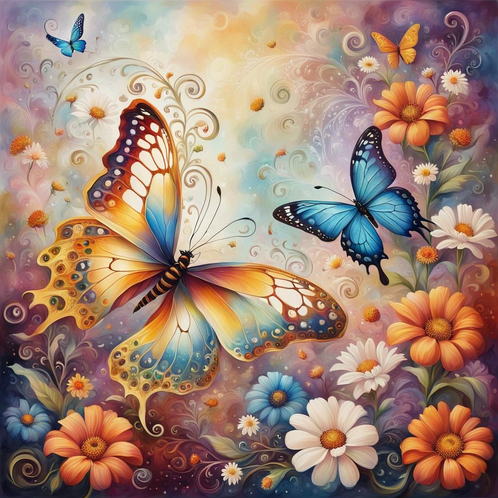 Ethereal Butterfly Oil Painting with Boho Flowers
