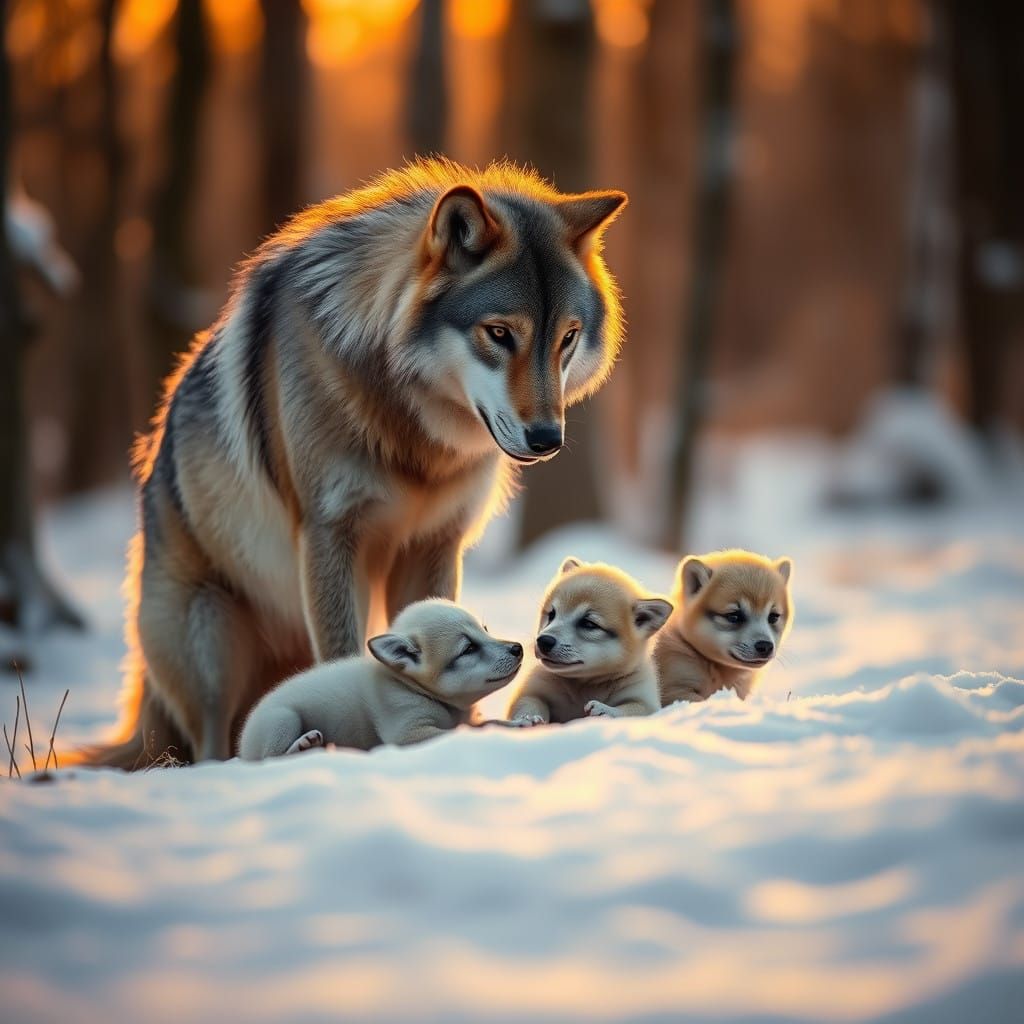Wolf Mother Watches Over Her Pups in Snowy Forest Sunset