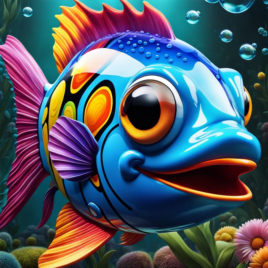 Anthropomorphic Bubble Fish with Flower, Fantasy Airbrush Ar...