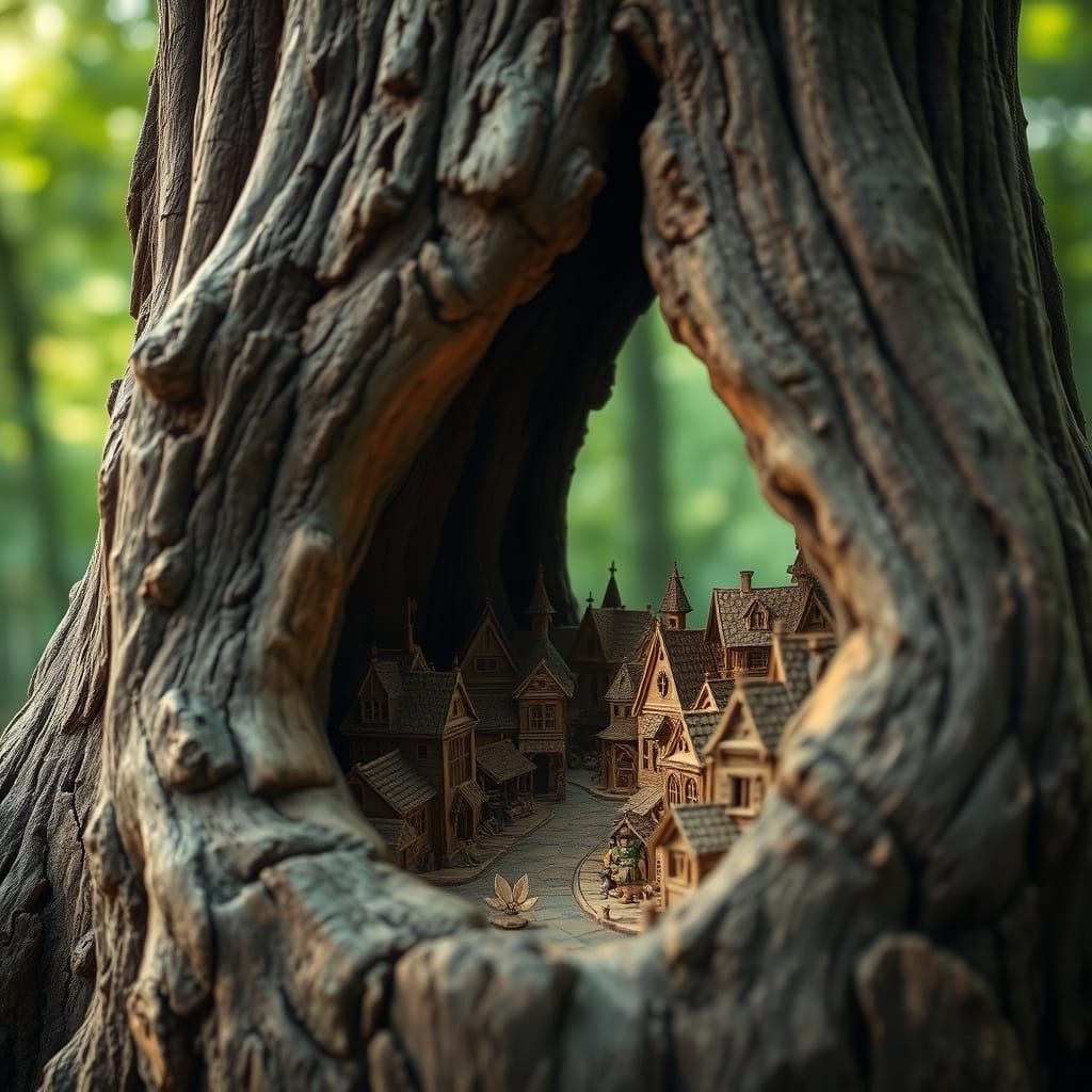Enchanted Wooden City Carved Inside Ancient Tree Trunk