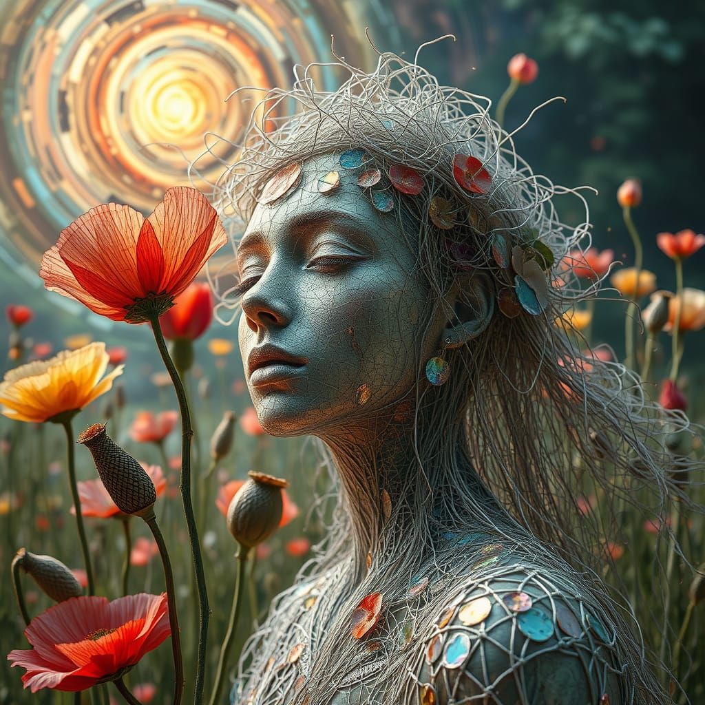 Ephemeral Eco-Art Portrait: Woman of Strings and Flowers