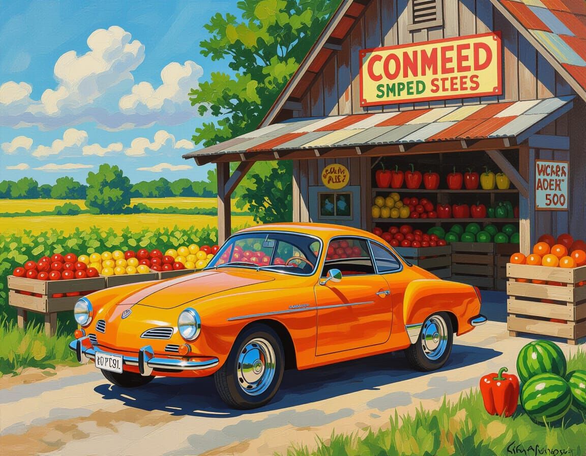 Karmann Ghia at Farmstand in Impressionist Style