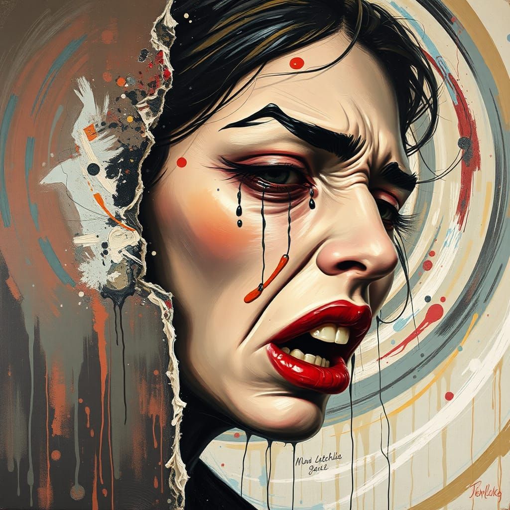 abstract portrait woman sadness sad tears teary crying cry weeping lyrical abstraction splash art surrealism synthetism ...