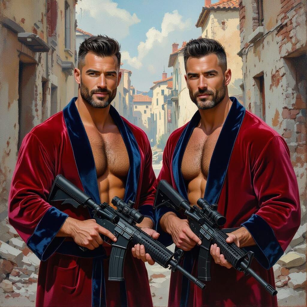 Joyful Men with Machine Guns in Ruined Town, Impasto Style