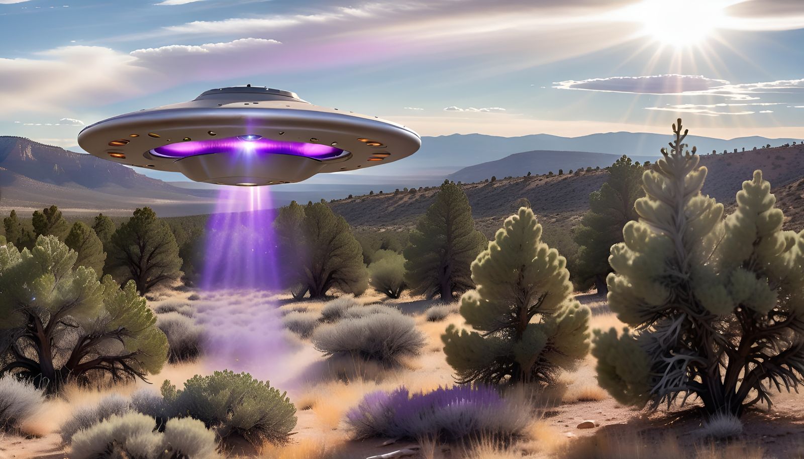 UFO over Valley with Violet Energy Beam