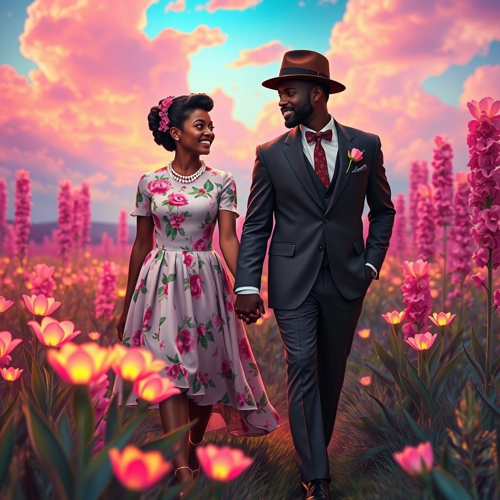 Romantic Couple Strolls through Enchanted Neon Flowers