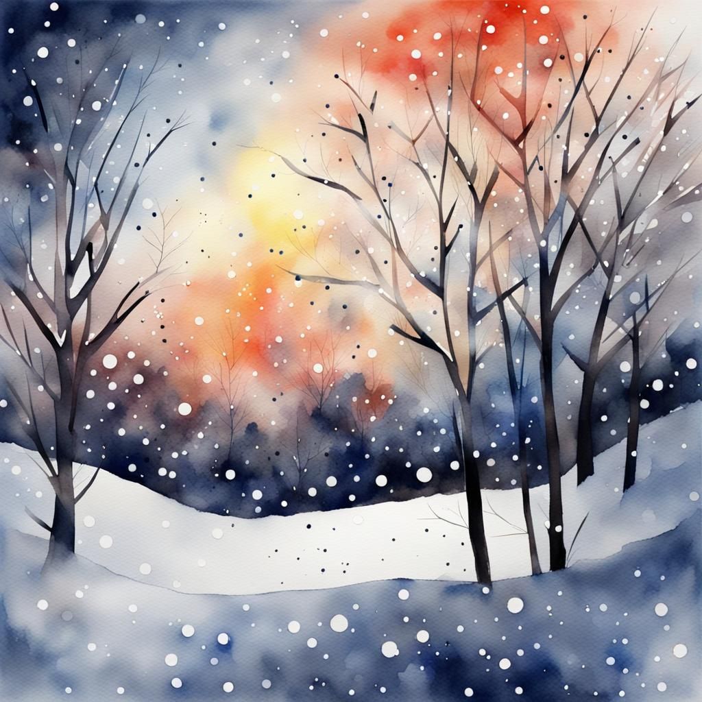 Abstract Watercolor Snowfall at Night