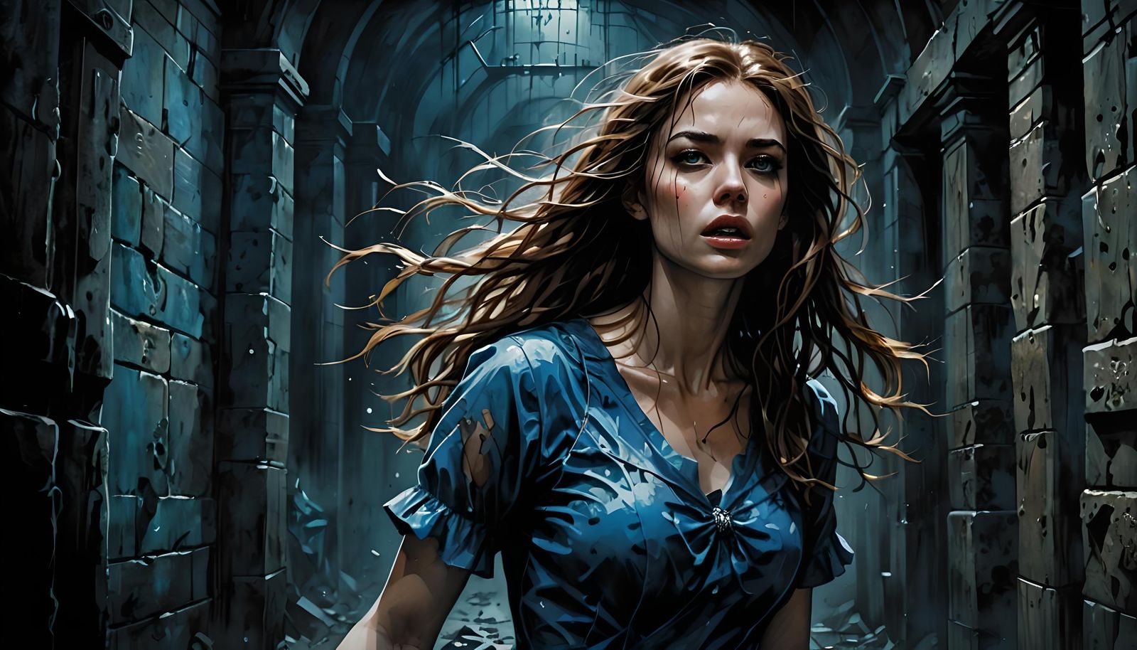 Scared Girl in Dark Dungeon, Dark Fantasy Illustration