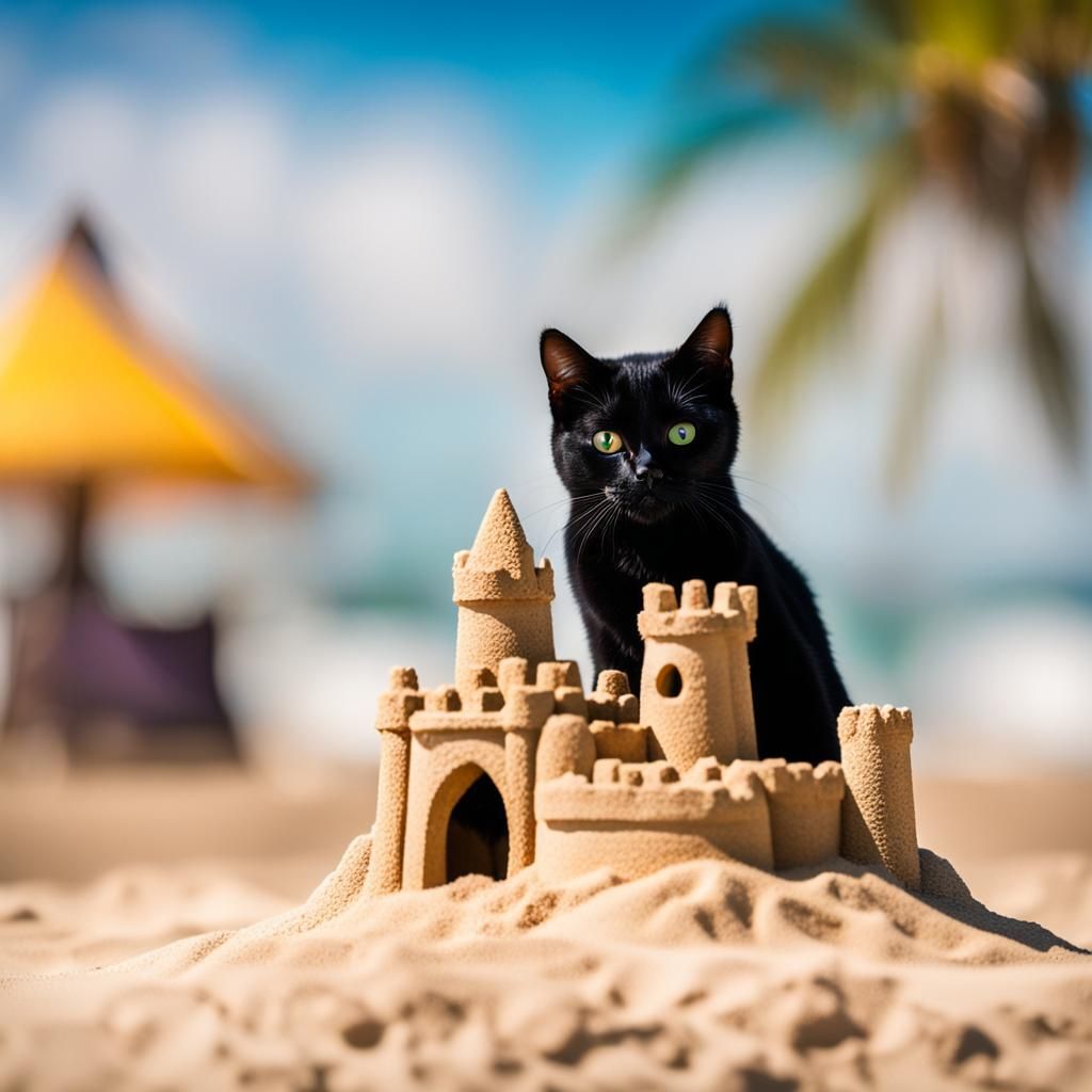 Black Cat Peeks Over Majestic Beach Castle