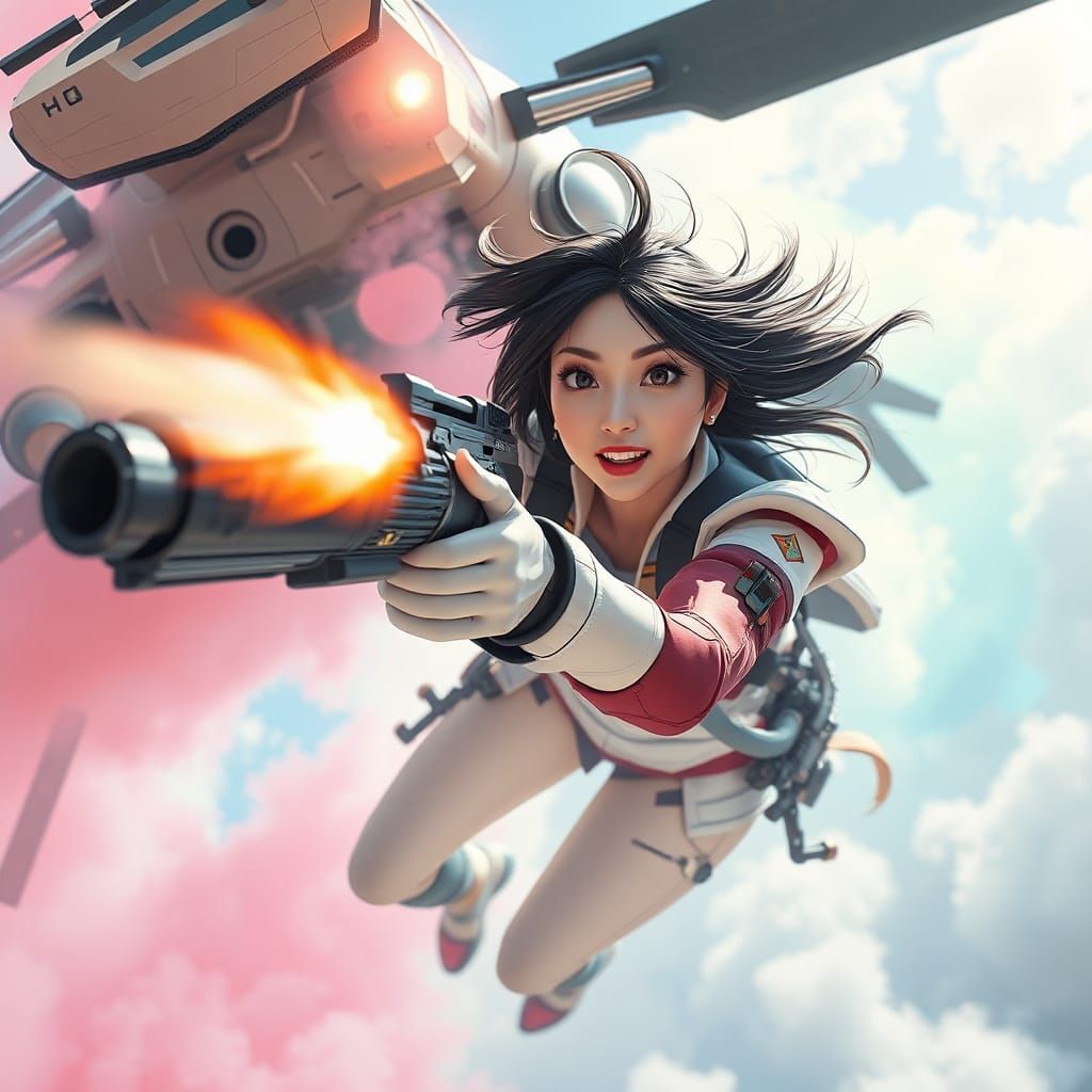 Asian Woman Fires Gun from Futuristic Helicopter in Anime St...