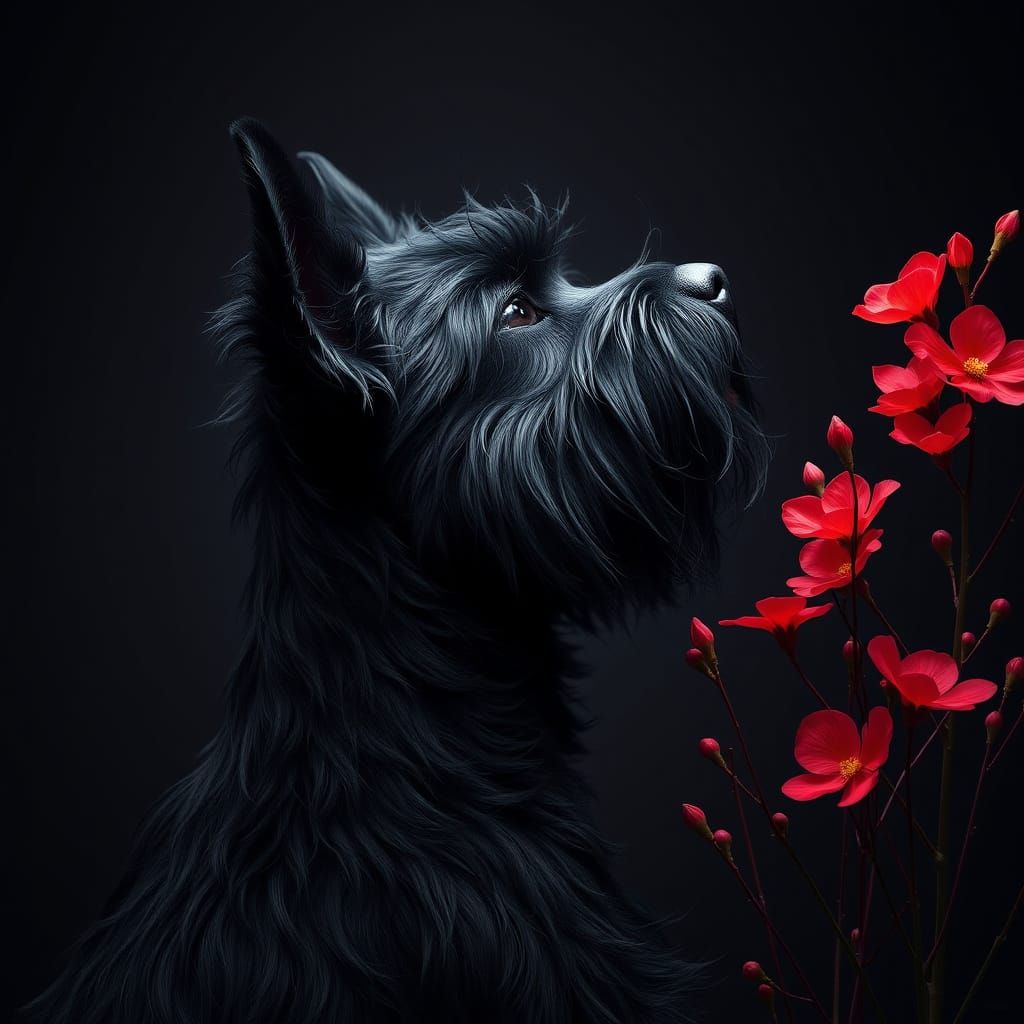 Mystical Black Scottish Terrier in Whimsical Fantasy Landsca...