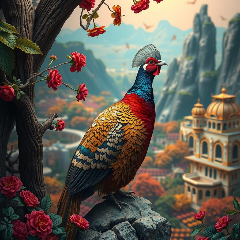 Ornate 3D Pheasant Above Fruited Plain